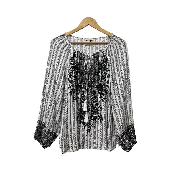 Savanna Jane Floral Embroidered Peasant Blouse Top Size M Black Boho Western - Picture 1 of 7